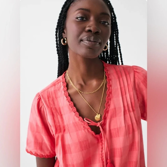 FAHERTY 100% Organic Cotton Margate Short Sleeve Checkered Blouse Size XXS - Picture 2 of 14